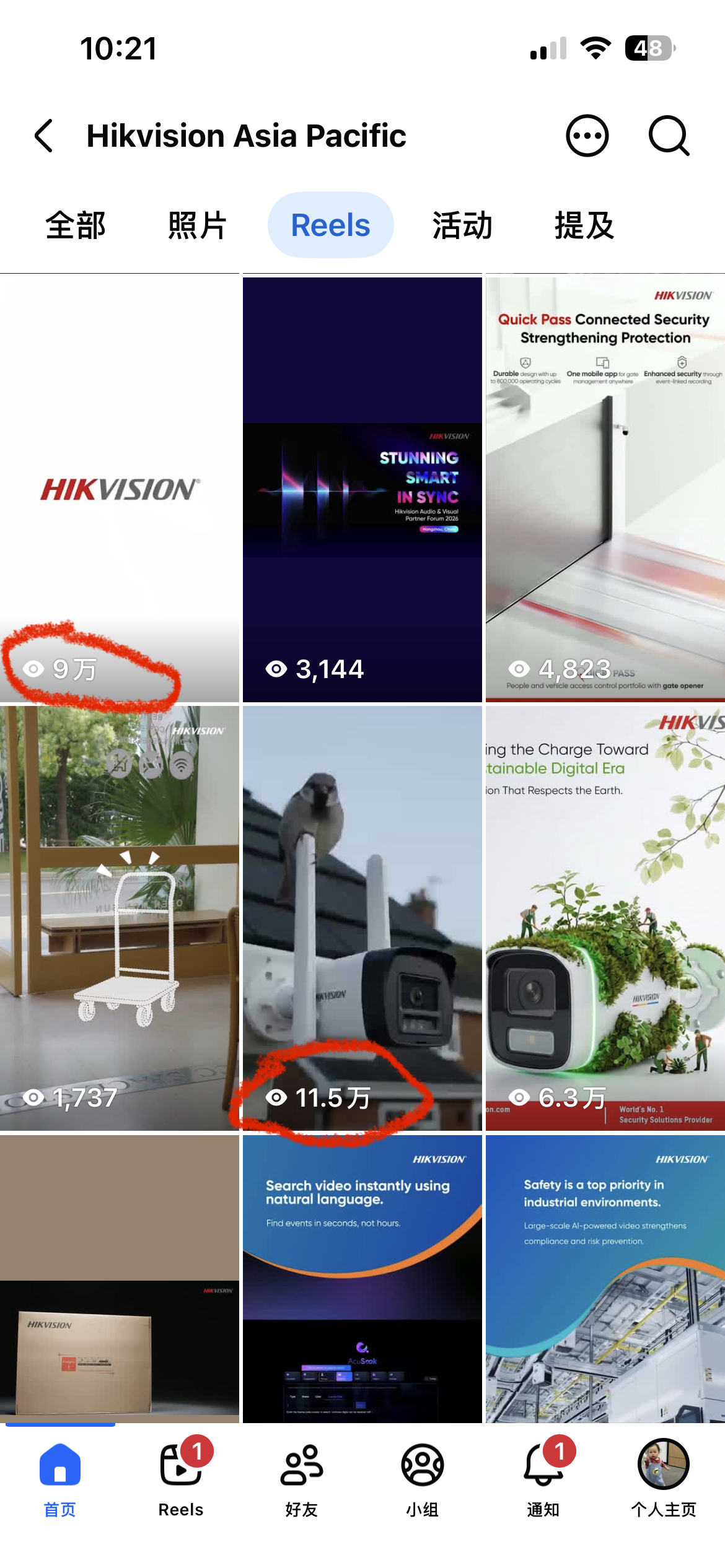 海康 Facebook Reels 播放量数据截图